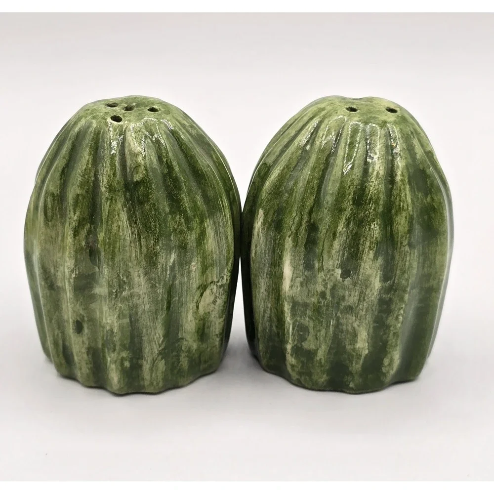 Vtg Cactus Japan Ceramic Salt and Pepper Shakers Green Dessert Cactus Festive‎